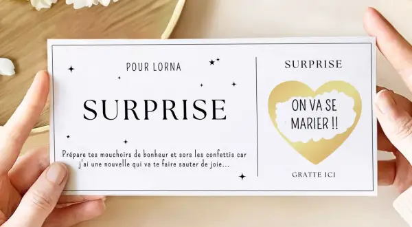 Carte d'annonce mariage surprise pour Lorna : "On va se marier !!" Prépare tes mouchoirs de bonheur.