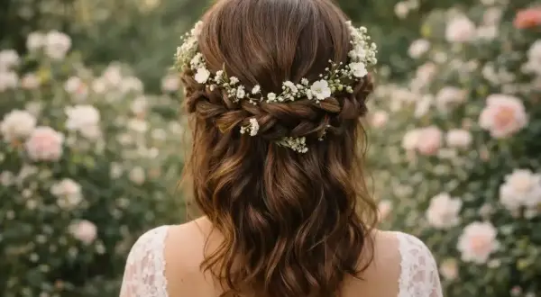 Coiffure mariage bohème avec tresse et fleurs blanches. Cheveux bruns ondulés ornés d'une couronne florale délicate.