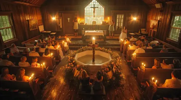 Intérieur d'une église en bois, ambiance chaleureuse avec des bougies. Une cérémonie de baptême se déroule, avec un chant de sortie.