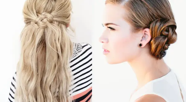 Coiffure mariage tresse invitée : deux styles élégants, une tresse nœud sur cheveux lâchés et un chignon tressé sophistiqué.