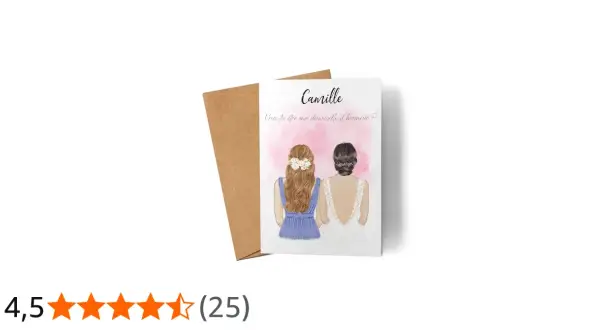 Carte avec deux femmes, l'une en robe blanche, l'autre en robe bleue. Texte : "Veux-tu être ma demoiselle d'honneur ?".