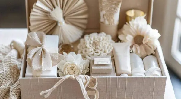 Un élégant kit de secours mariage, rempli de produits de beauté et de décorations florales, prêt à parfaire la journée.