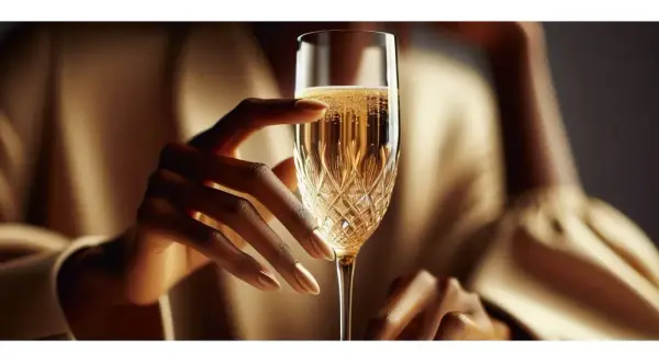 Main d'une femme tenant une coupe de champagne pétillant, évoquant un champagne personnalisé mariage pour une célébration spéciale.