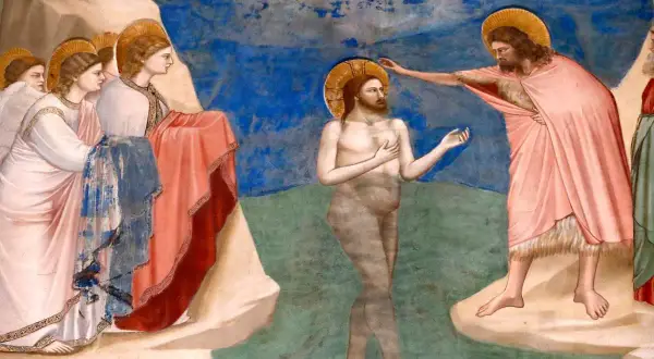 Scène du baptême de Jésus par Jean-Baptiste. La question du baptême de Jésus à quel âge est ici représentée par des anges attendant.