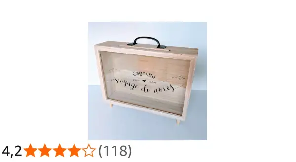 Boîte en bois pour cagnotte mariage sans frais, décorée "Voyage de noces".