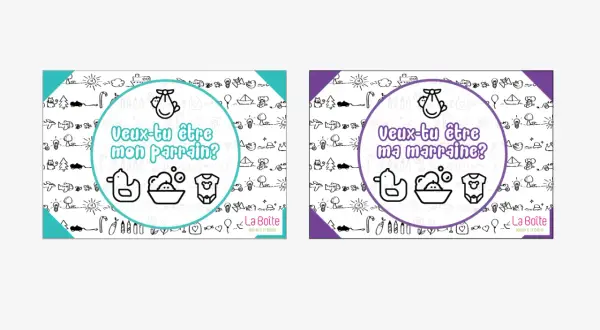 Demande marraine à imprimer gratuit : deux cartes avec des dessins enfantins, l'une pour demander "Veux-tu être mon parrain?", l'autre "Veux-tu être ma marraine?".