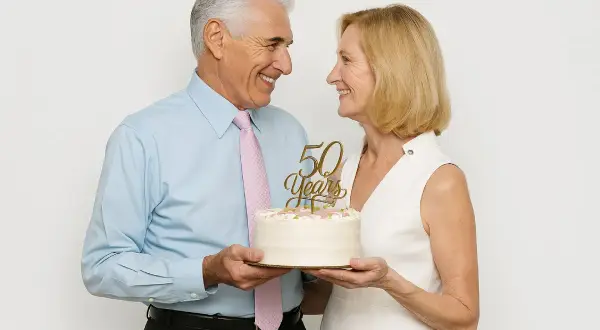 Un couple souriant célèbre son anniversaire de mariage avec un gâteau orné de "50 Years".