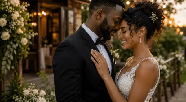 Un couple s'embrasse tendrement, un poème mariage gravé dans leurs regards. Lumières douces, fleurs blanches, un moment suspendu.