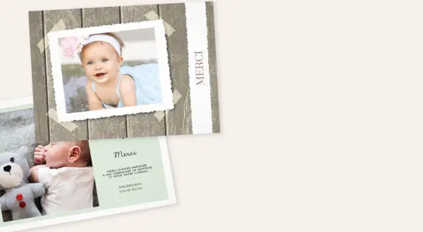 Cartes de remerciement baptême avec photos de bébé souriant et endormi, et texte "Merci".