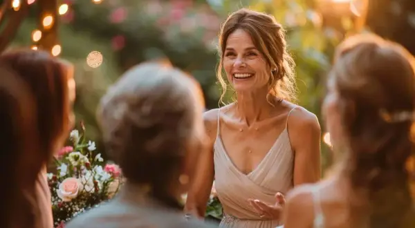 Une marraine émue prononce un discours pour le mariage de sa filleule, entourée de lumières chaudes et de fleurs.