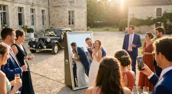 Un couple de mariés s'amuse devant un miroir, entouré d'invités. Une voiture ancienne décorée de fleurs est garée derrière eux. Une belle scène de tradition mariage.