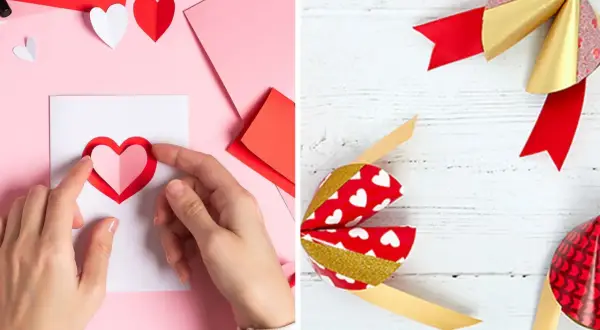 Création d'un cadeau Saint Valentin DIY : mains assemblant un cœur en papier sur une carte, et des nœuds décoratifs rouges et dorés.