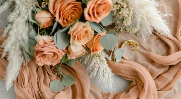 Un bouquet de roses corail et de pampas, drapé sur un tissu couleur pêche. Une touche de couleur de mariage parfaite pour une ambiance douce et romantique.