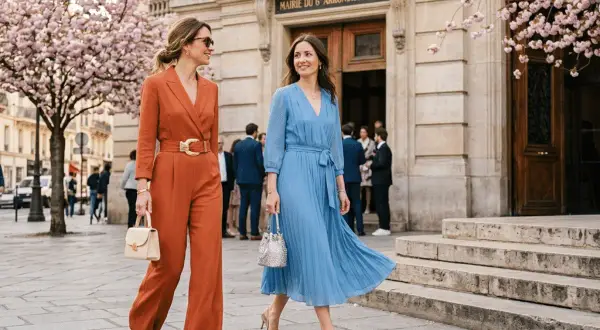 Deux femmes élégantes sortent de la mairie, prêtes pour un baptême civil. L'une porte une combinaison orange, l'autre une robe bleue.
