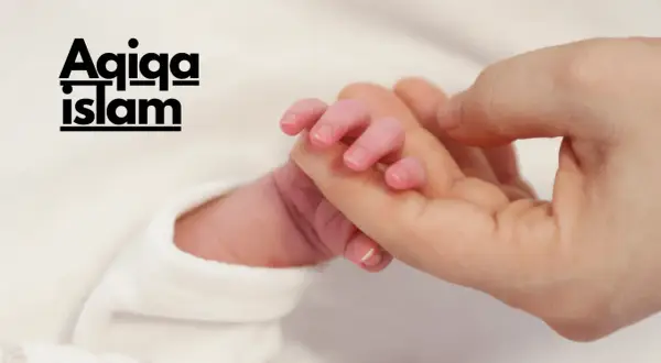 Main d'un nouveau-né tenant un doigt adulte. Le texte "Aqiqah Islam" est superposé, évoquant la tradition du mouton naissance islam.