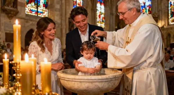 Cérémonie de baptême dans une église. Un bébé est aspergé d'eau. Comment retrouver sa date de baptême ? Les parents souriants assistent.