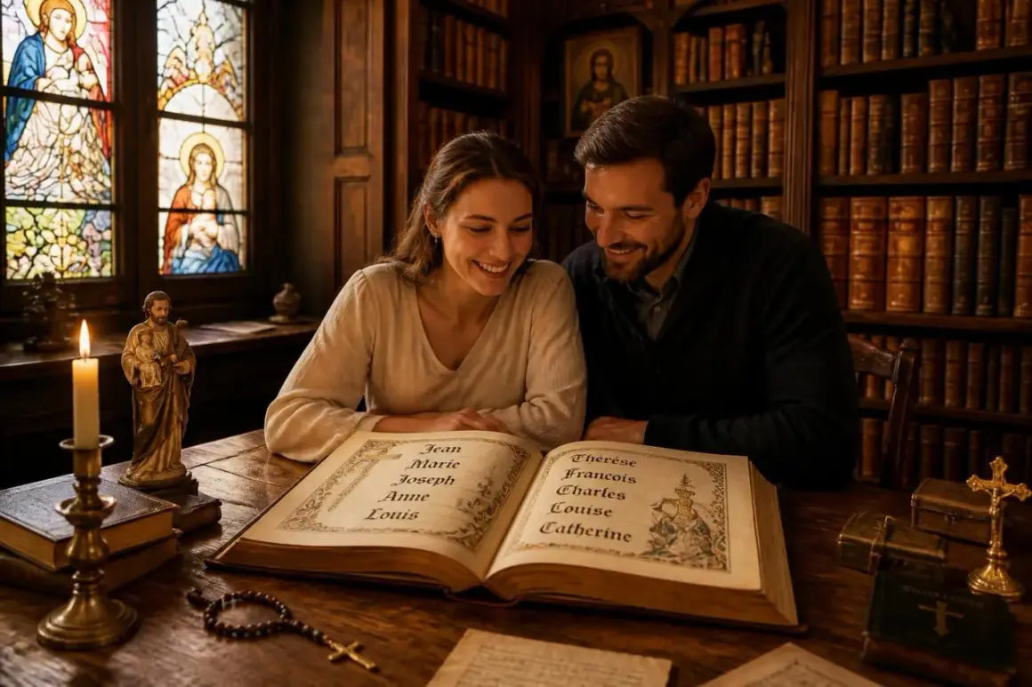 Couple souriant feuilletant un livre ancien de prénoms de baptême, entourés de livres et de vitraux.