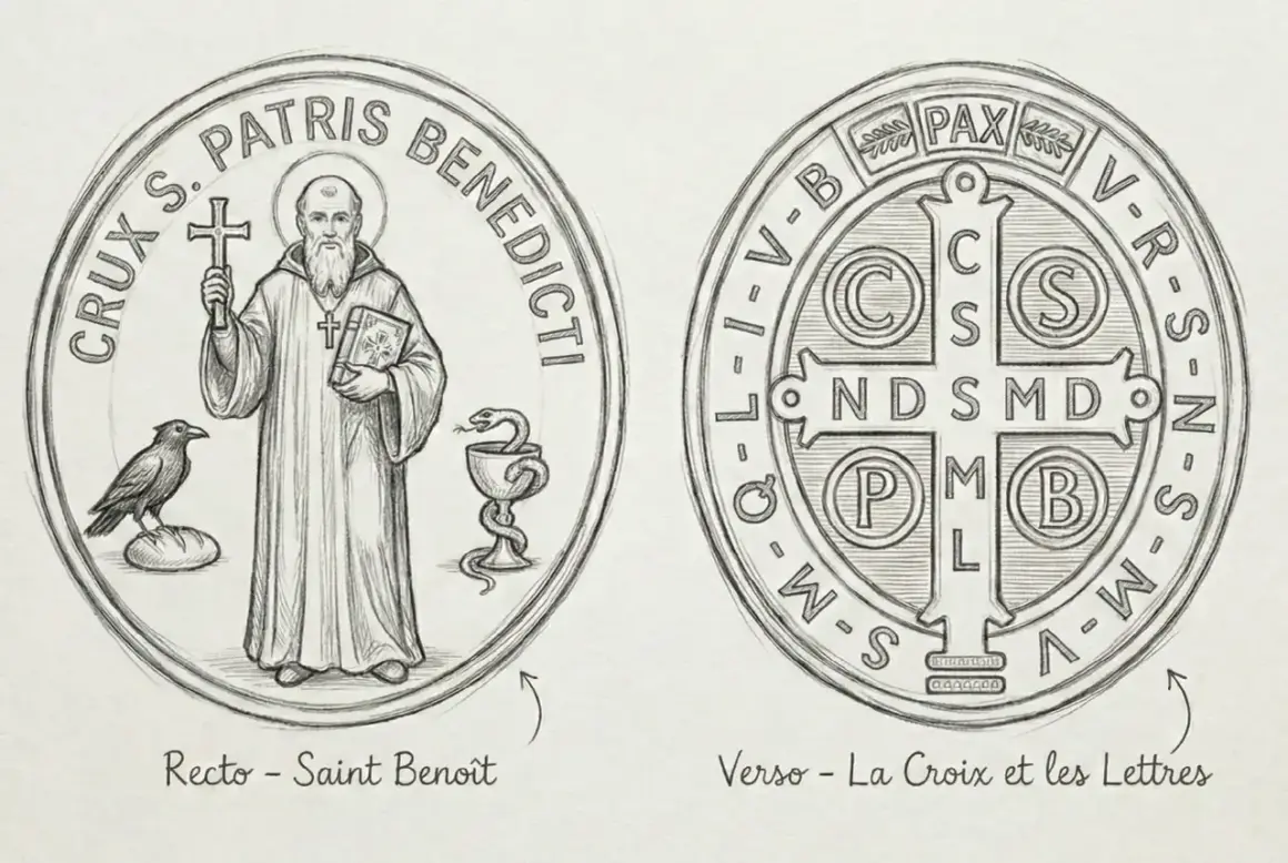 Dessin d'une médaille de Saint Benoît, recto avec le saint et verso avec la croix. Idéal pour faire bénir un bijou protecteur.