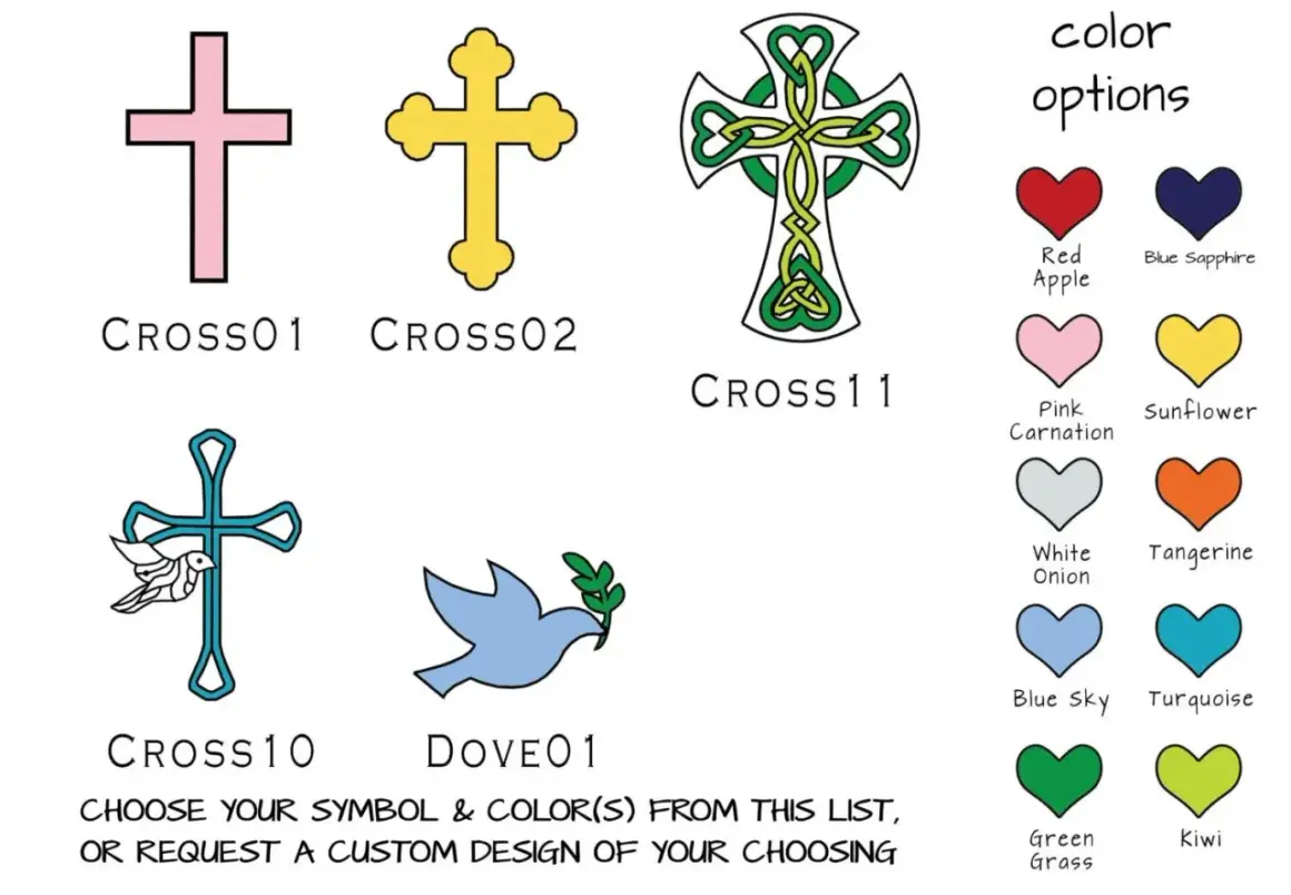 Symboles de baptême : croix, colombe, et options de couleurs pour un cadeau de parrain marraine.