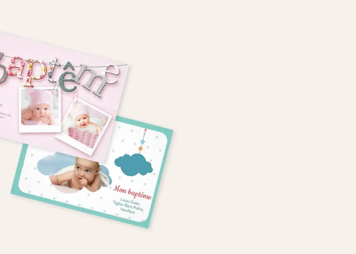 Jolie carte remerciement bapteme gratuite à imprimer avec des photos de bébé et des motifs célestes.