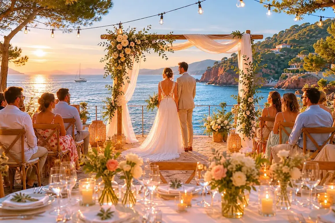 Un mariage en bord de mer, un couple sous une arche fleurie, des invités assis, une table dressée. L'élégance mariage au coucher du soleil.