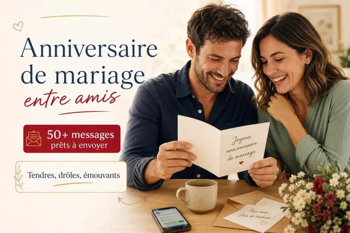 Un couple souriant lit une carte d'anniversaire de mariage. Le texte "Anniversaire de mariage entre amis" et "50+ messages prêts à envoyer" est visible.