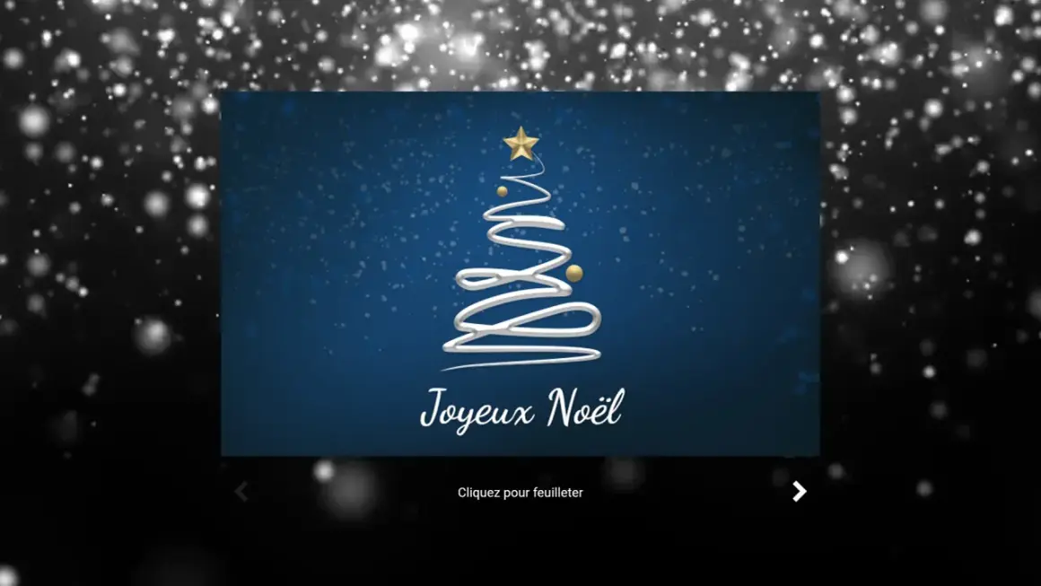Arbre de Noël stylisé sur fond bleu, avec des flocons de neige. Parfait pour des textes de Noël familiaux. Joyeux Noël !