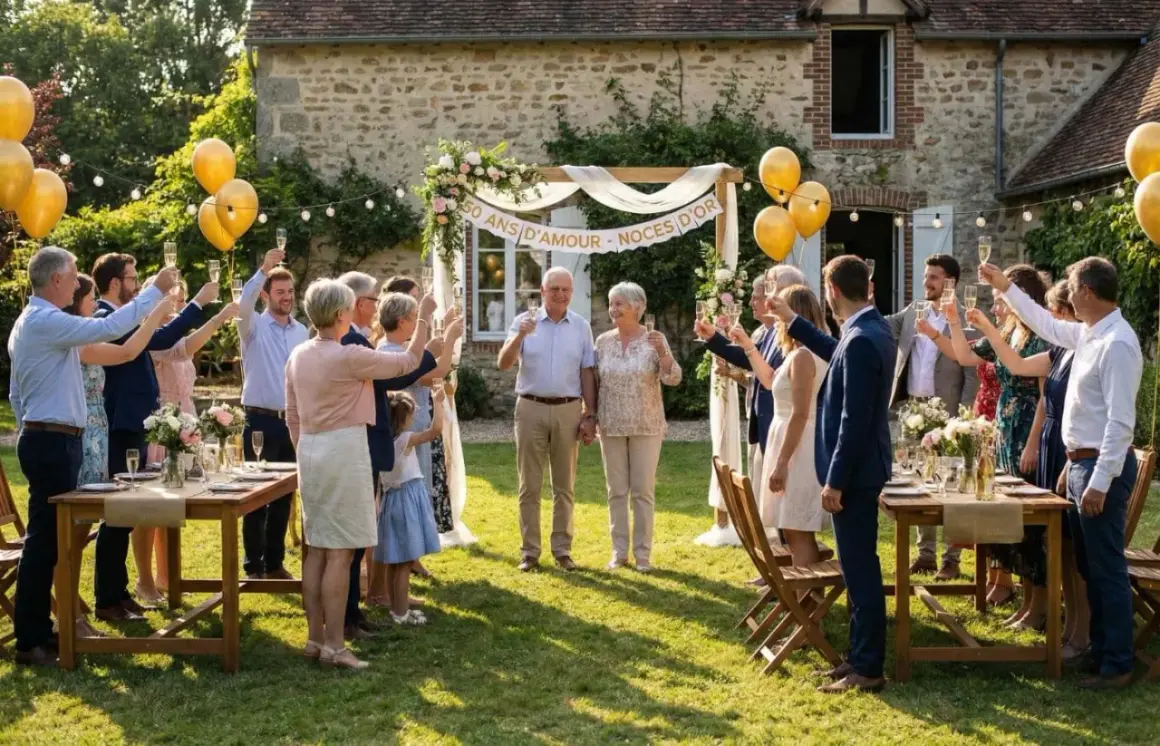 Célébration de noces d'or, une famille réunie pour trinquer à cette année de mariage spéciale.