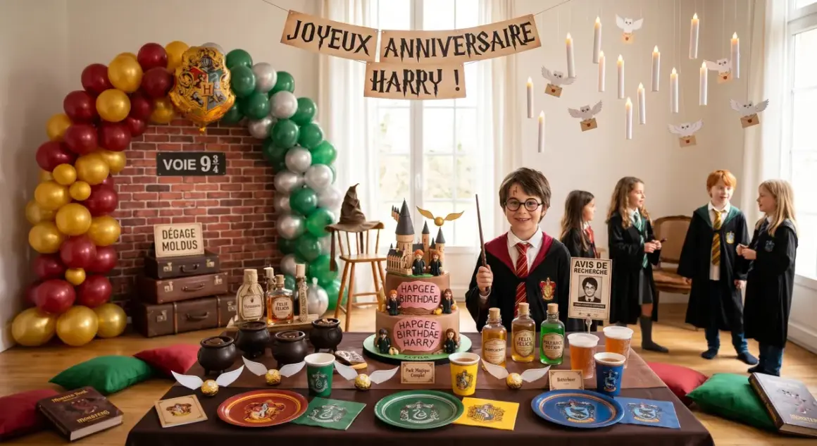 Une fête d'anniversaire Harry Potter avec une arche de ballons, un gâteau et des décorations magiques. Une idée déco avec ballon à gonfler pour un monde enchanté.