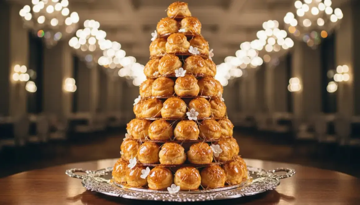 Un magnifique croquembouche, parfait pour un baptême, avec sa musique sucrée de caramel et ses petites fleurs.