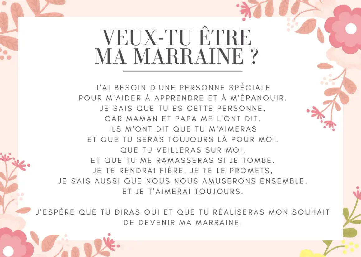 Une carte ornée de fleurs roses et de feuilles roses et beiges, avec le texte "Veux-tu être ma marraine ?" et une lettre exprimant le désir de devenir marraine.