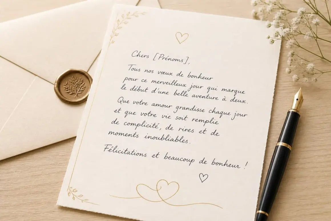 Carte de vœux de mariage pour son mari, avec une plume et un sceau de cire.