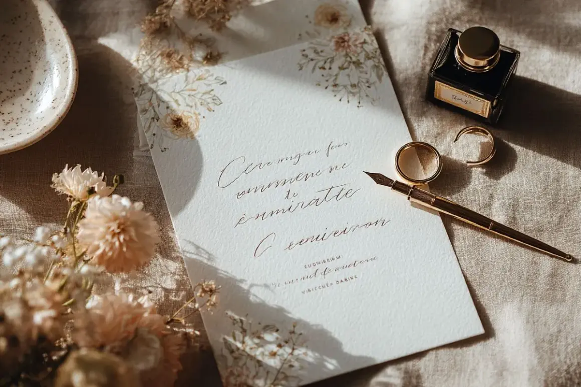 Un faire-part de mariage élégant, orné de fleurs séchées, avec une plume dorée, des alliances et un encrier. Idéal pour une cagnotte mariage.