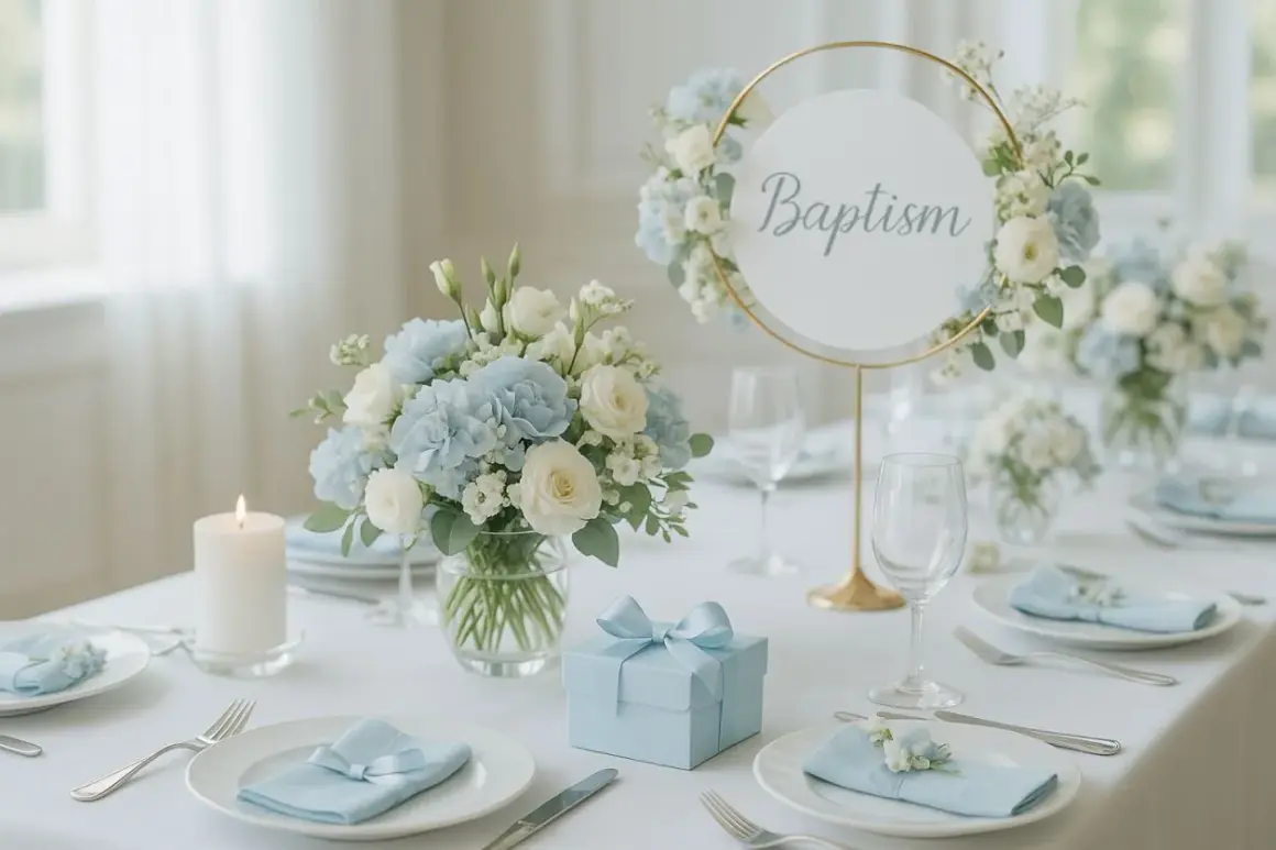 Table dressée pour un baptême de garçon avec fleurs bleues et blanches, bougie, et cadeau. Une belle idée déco baptême garçon à faire soi même.