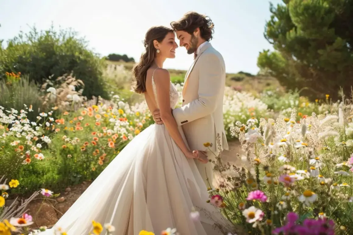 Un jeune couple s'embrasse tendrement, entouré de fleurs sauvages. Un doux mariage dans son jardin, sous le soleil éclatant.