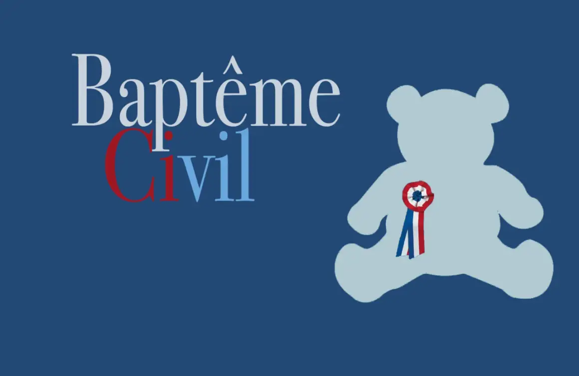 Texte pour un papier baptême civil : un ours en peluche bleu pâle orné d'une cocarde tricolore.