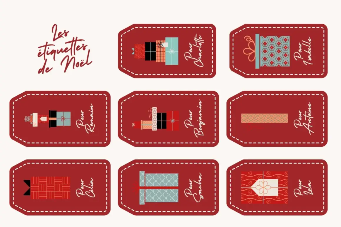 Des étiquettes de Noël personnalisées à imprimer, ornées de cadeaux stylisés et de noms pour chaque destinataire.