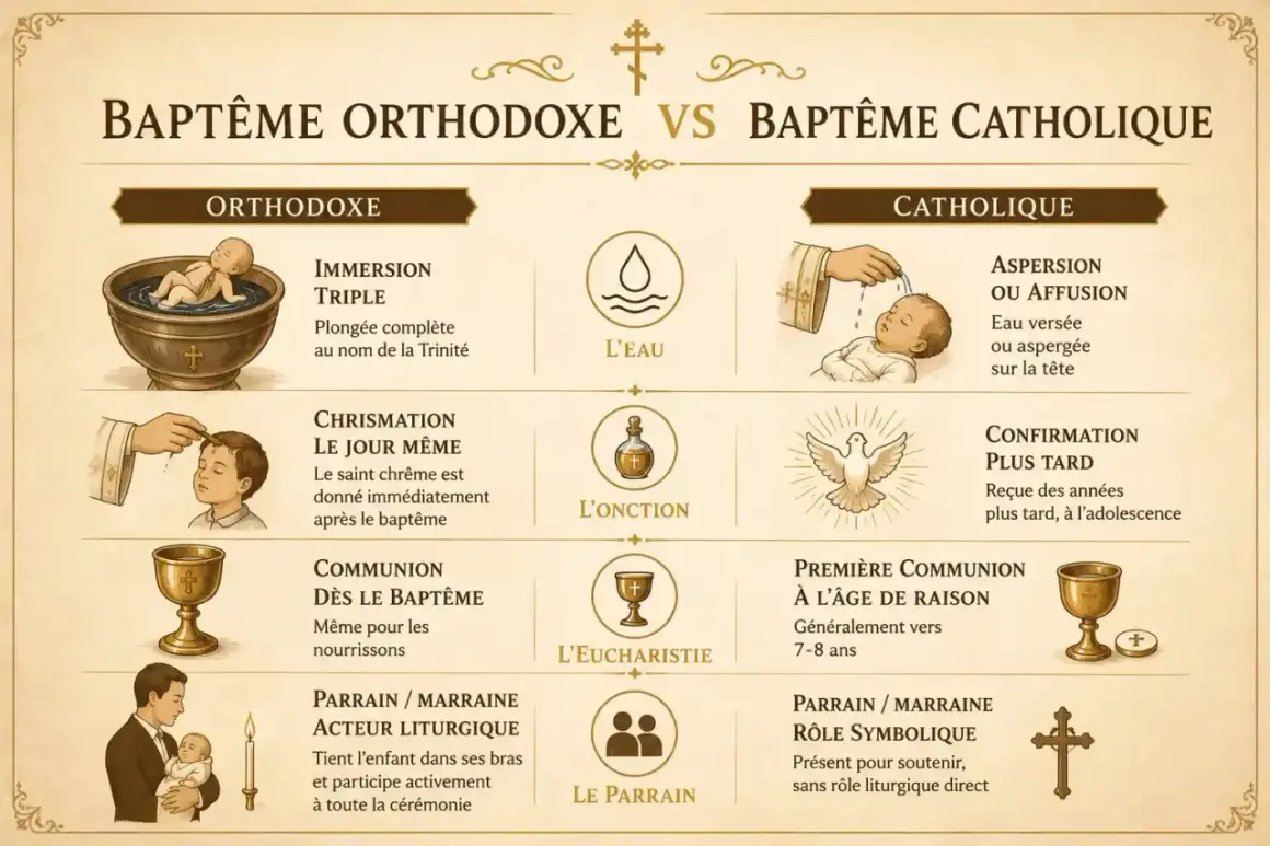 Comparaison des rites du baptême orthodoxe et catholique. Un témoin de baptême est présent dans les deux traditions.