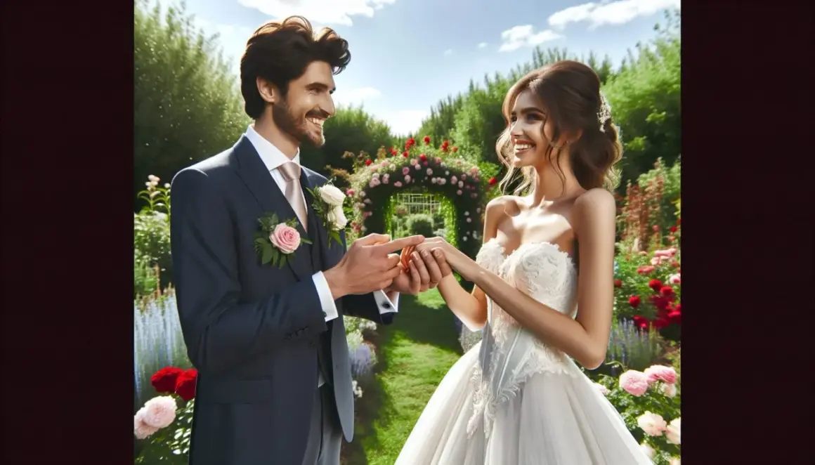 Un couple échange ses vœux lors d'une cérémonie de mariage en plein air, entouré de fleurs. Une belle citation mariage.