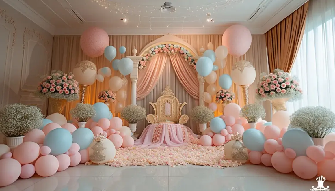 Décoration de baptême fille originale : trône doré, ballons roses et bleus, fleurs. Une scène féerique pour un événement inoubliable.