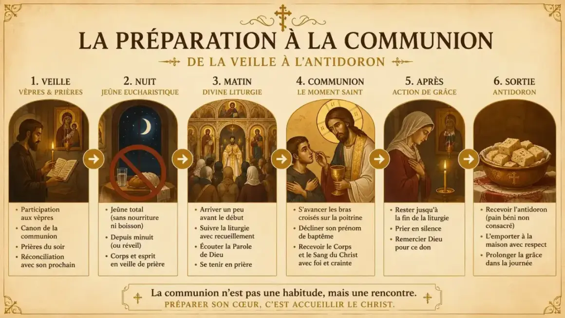 Préparation à la communion : veillée, jeûne, liturgie, communion, action de grâce, sortie. Comment donner pour une communion ? Respect et prière.