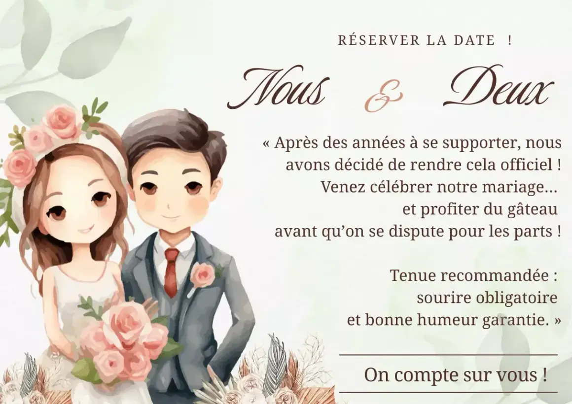 Illustration d'un couple souriant, prêt pour leur mariage. Invitation à célébrer leur union, pour le meilleur et pour le pire, avec une note humoristique sur le gâteau.