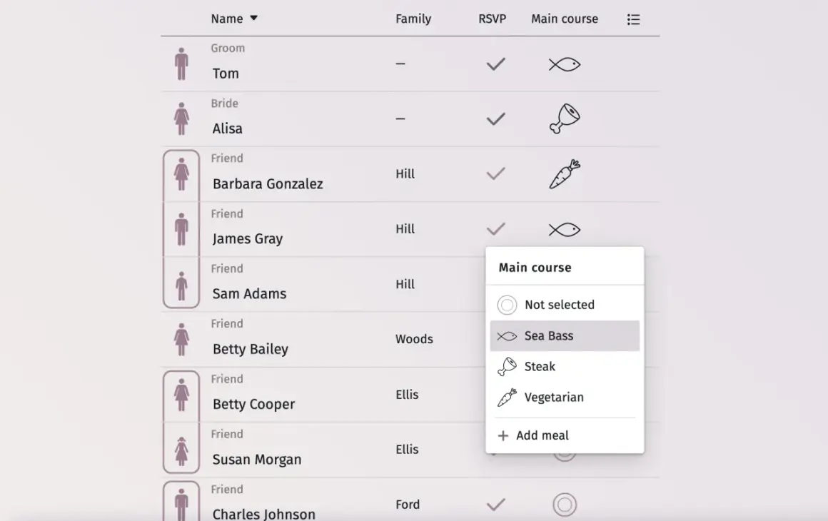Liste invités mariage : Tom (marié), Alisa (mariée), Barbara Gonzalez, James Gray, Sam Adams, Betty Bailey, Betty Cooper, Susan Morgan, Charles Johnson. Choix du plat pour James Gray : "Sea Bass".