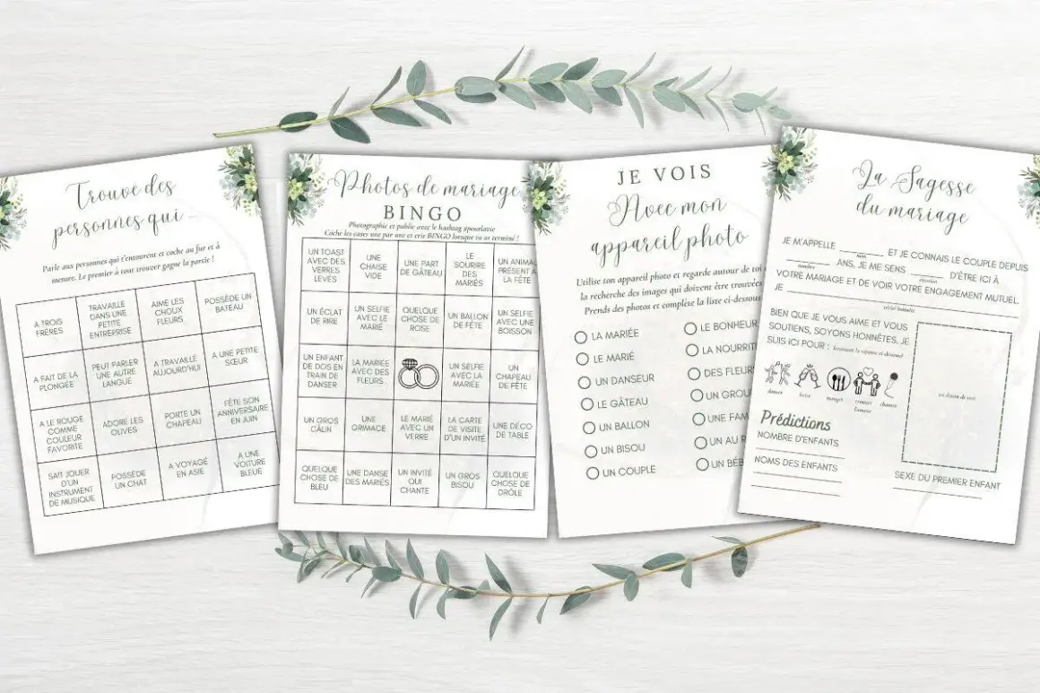Jeux pour mariage à imprimer : Bingo "Trouve des personnes qui", "Photos de mariage Bingo", "Je vois avec mon appareil photo" et "La Sagesse du mariage".