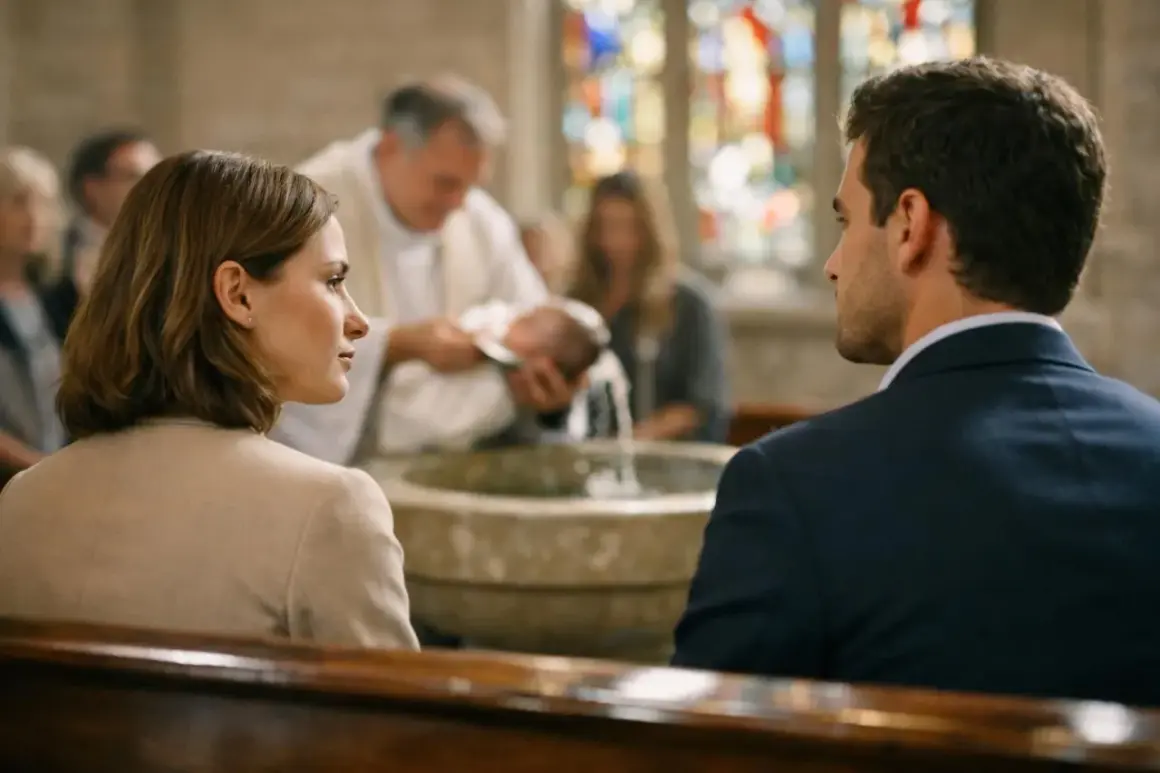 Un couple observe le baptême de leur enfant. La question "peut on être marraine sans être baptisé" flotte dans l'air.