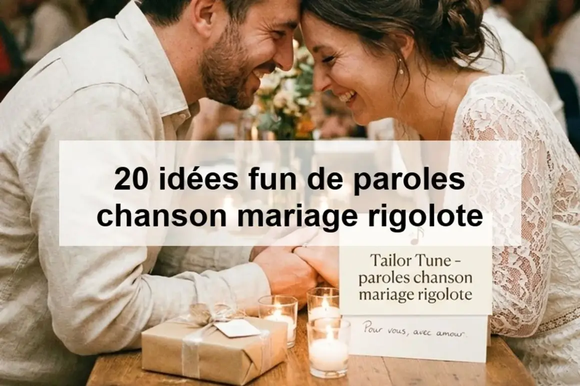 Un couple rit, entouré de bougies. Le texte suggère des idées de paroles de chanson mariage rigolote pour un moment inoubliable.