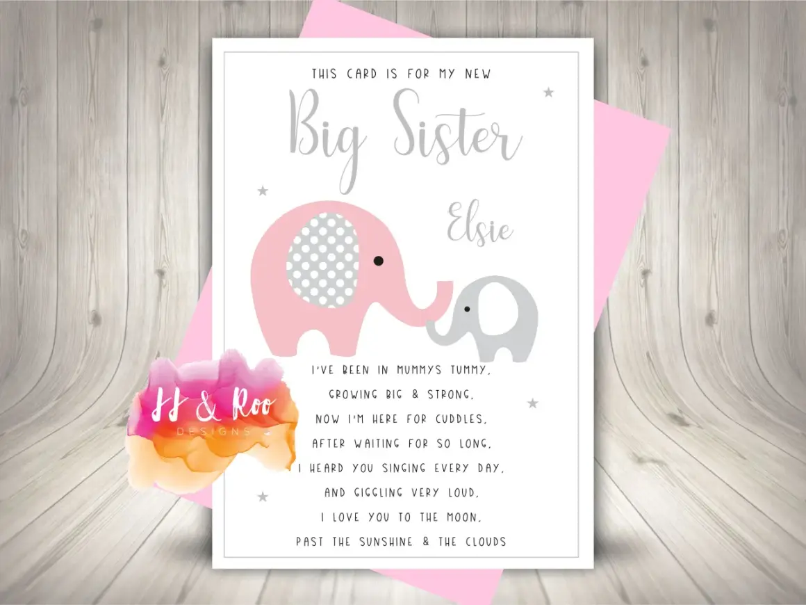 Carte pour une nouvelle grande sœur avec des éléphants roses et gris, et le texte "Elsie".