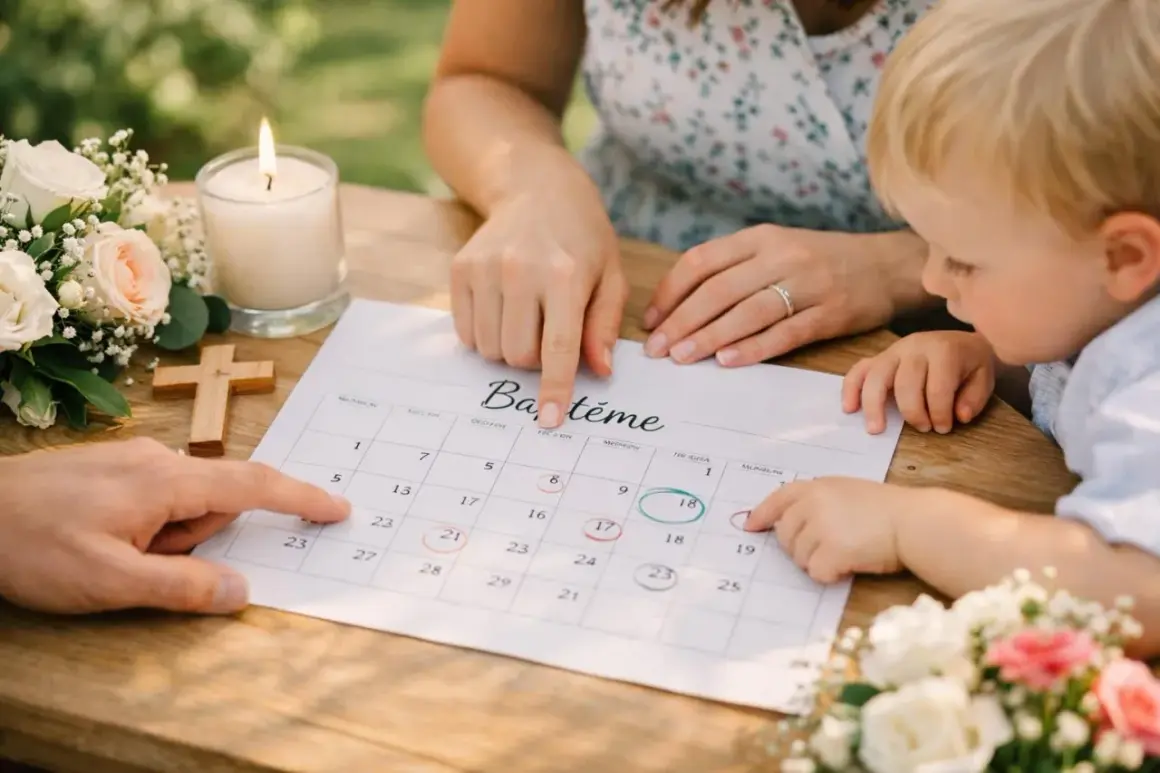 Planification du baptême : des doigts pointent des dates sur un calendrier, cherchant le samedi ou dimanche idéal. Bougie, croix et fleurs ajoutent à l'atmosphère.