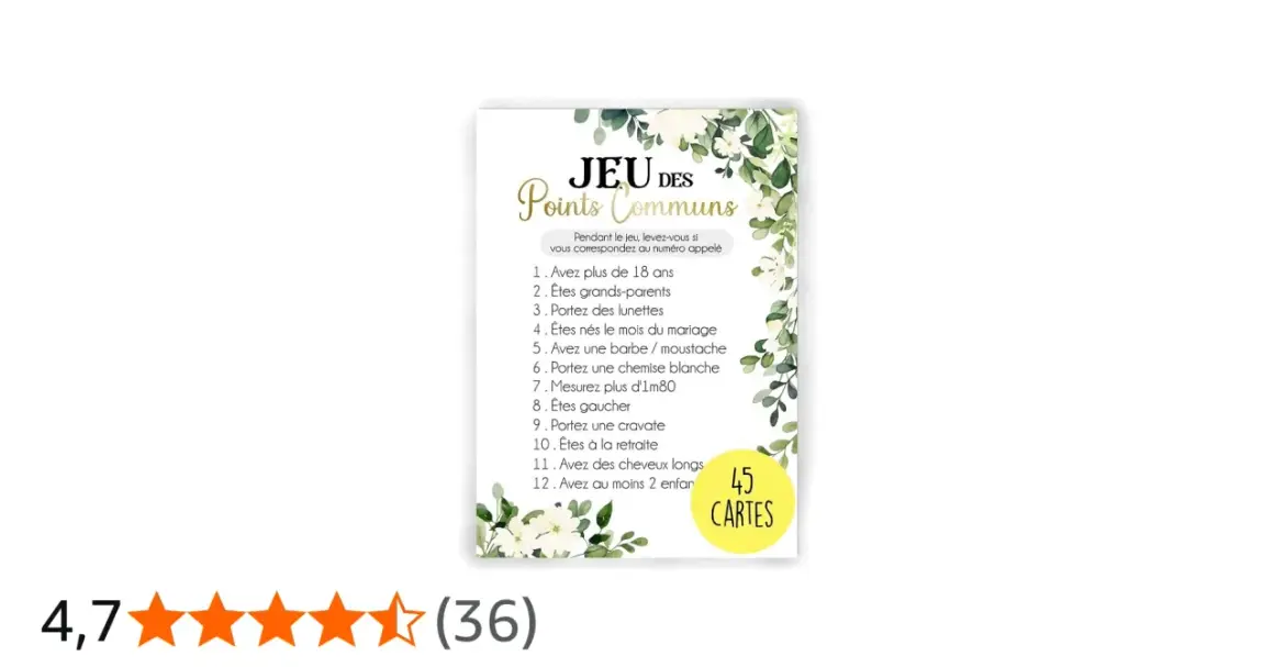 Carte de jeu "Jeu des Points Communs" pour un mariage, avec une liste de critères pour trouver des ressemblances entre les invités.