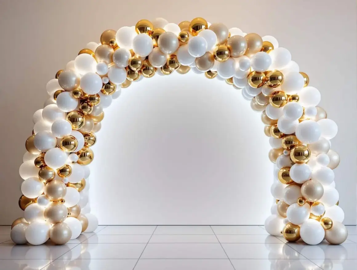 Une arche de ballons blancs et dorés, parfaite pour apprendre comment faire une colonne de ballon.
